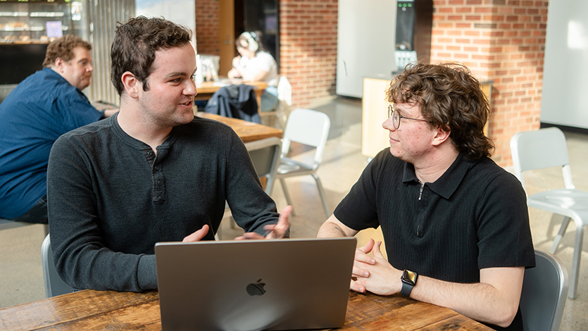Gavin Gilooly ’26 (left) and Parker Alber (right) meeting in Steel Plant. Photo by Nelson Echeverria/Marist University. 