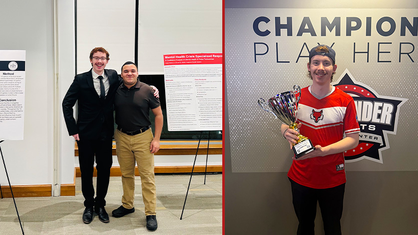 Side-by-side images of Daniel Brogan with his classmate Victor Rivera Jr. at their honors thesis presentation and Daniel with his trophy after the Overwatch team won the West Point Invitational.
