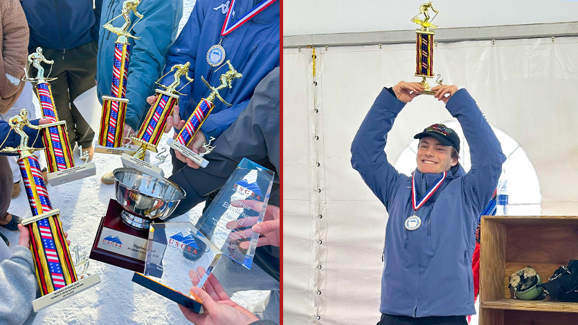 Marist University: The team holds their awards on the left. Ben holds his trophy above his head on the right.